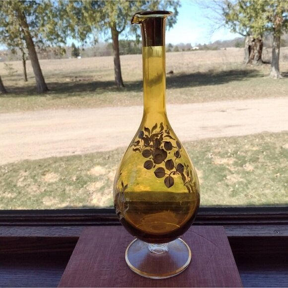 Vtg Italy Hand Blown Glass Wine Decanter Amber Gold White Floral Hand Painted - Picture 2 of 15